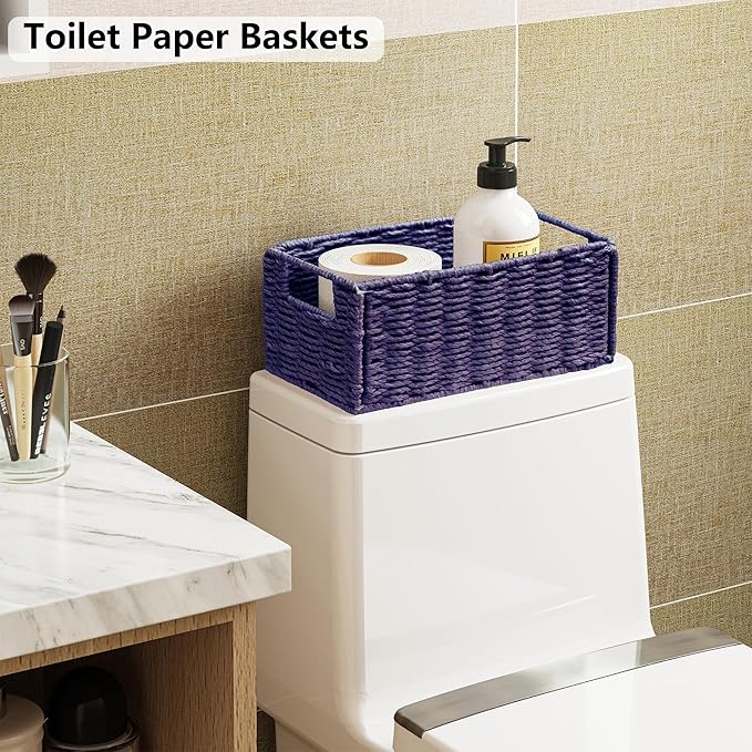Vagusicc Wicker Storage Basket, Set of 2 Hand-Woven Paper Rope Wicker Basket, Small Storage Baskets for Organizing Toilet Paper, Foldable Small Cube Organizer Bins for Shelves (Purple)