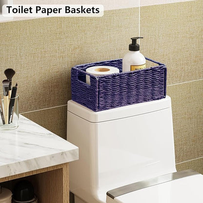 Vagusicc Wicker Storage Basket, Set of 2 Hand-Woven Paper Rope Wicker Basket, Small Storage Baskets for Organizing Toilet Paper, Foldable Small Cube Organizer Bins for Shelves (Purple)