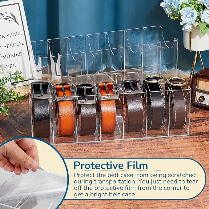 Juexica 2 Pcs Belt Organizer,14 Compartments 15.6in Belt Holder Storage Box,Thick Acrylic Belts Organizer,Clear Display Case for Closet and Bow Tie