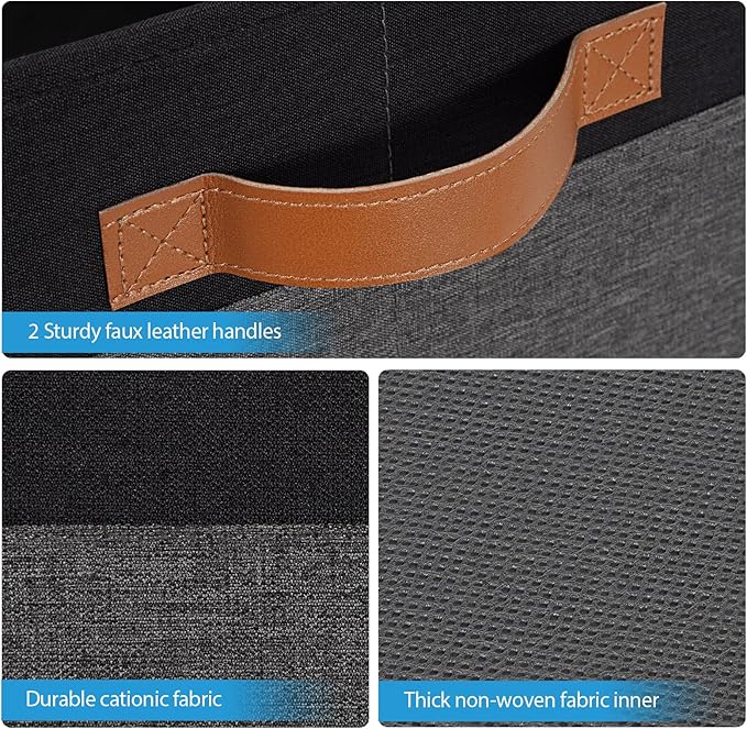 Large Fabric Storage Bins, Foldable Fabric Storage Baskets for Shelves, Sturdy Storage Boxes with PU Handles for Organizing Closet Home Bedroom Office (26L, 3 Packs, Grey&Black)