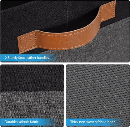 Large Fabric Storage Bins, Foldable Fabric Storage Baskets for Shelves, Sturdy Storage Boxes with PU Handles for Organizing Closet Home Bedroom Office (26L, 3 Packs, Grey&Black)