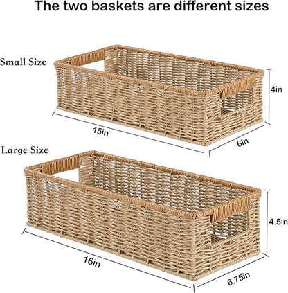 Rectangular Toilet Paper Baskets, 16 ¼"L x 6 ¾"W x 4 ½"H Nesting Plastic Wicker Basket with Built-in Handles, Woven Long Narrow Baskets for Pantry Bathroom Toilet Tank Top Countertop, 2 Pack