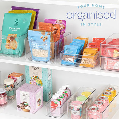 Plastic Food Storage 8 Pack Clear Container Bin with Handles for Organizing Kitchen, Pantry, Refrigerator, Freezer, Pantry, Cabinet, Closet, Bathroom. Stackable 10”x6”x3”