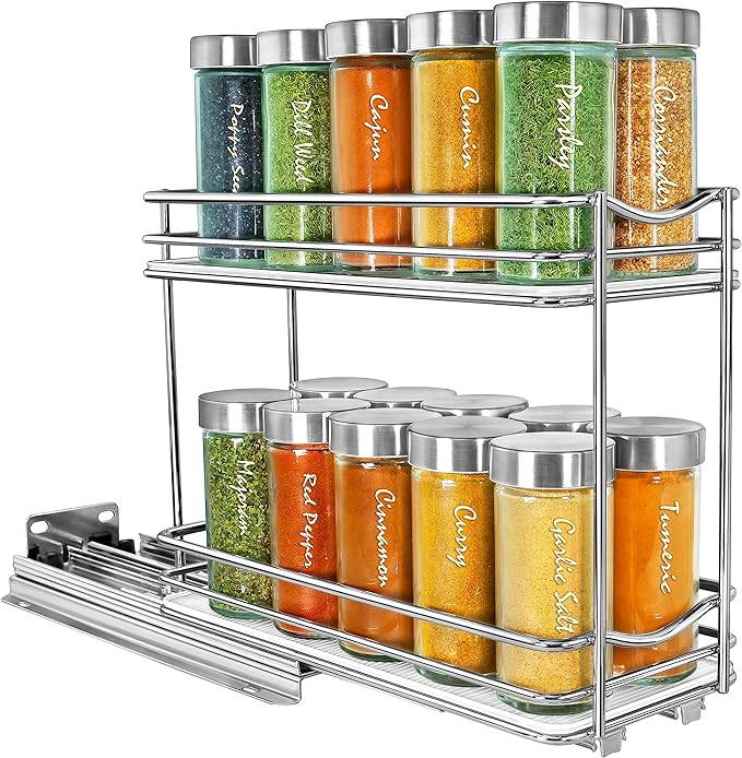 LYNK PROFESSIONAL® Pull Out Spice Organization for Cabinets - 4-3/8 inch Wide – Spice Rack for Inside Cabinets, Slide Out Spice Rack Organizer for cabinet – Pull Out Spice Rack, Sliding 2 Tier Chrome