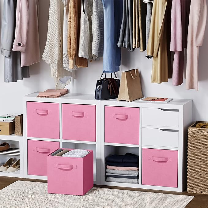 Storage Cubes - 11 Inch Cube Storage Bins (Set of 8). Fabric Cubby Organizer Baskets with Dual Handles | Foldable Closet Shelf Organization Boxes (Light Pink)