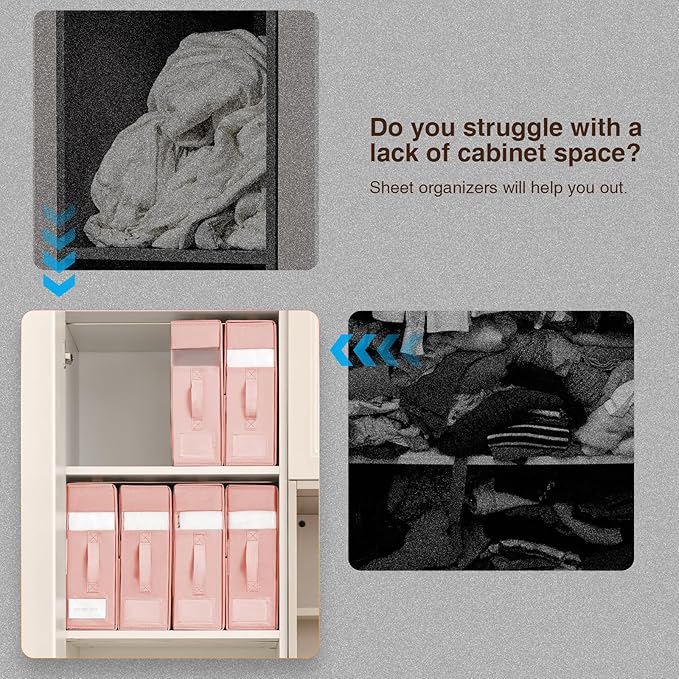 DIMJ Bed Sheet Organizers and Storage 6 Pack - Foldable Sheet Holder for Linen Bedding Storage Box for organization, Sheets Set Holder for Blanke, Towel (King & Queen Size), Pink