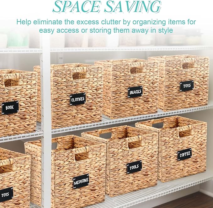 Jinei 12 Pcs Wicker Storage Basket Bulk, 12 x 12 Inch Handwoven Water Hyacinth Folding Cube Bin with Handles Labels for Shelves Pantry Laundry Organization