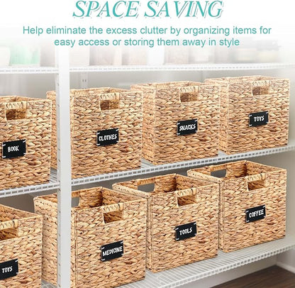 Jinei 12 Pcs Wicker Storage Basket Bulk, 12 x 12 Inch Handwoven Water Hyacinth Folding Cube Bin with Handles Labels for Shelves Pantry Laundry Organization