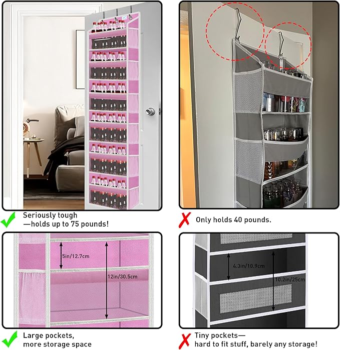 Over the Door Organizer Storage 6 Tier, 12 Large Capacity Side Pockets, Heavy Duty Metal Reinforced Hook Anti Tilt 75 LB Load Behind Door Storage for Bedroom Bathroom Pantry Nursery