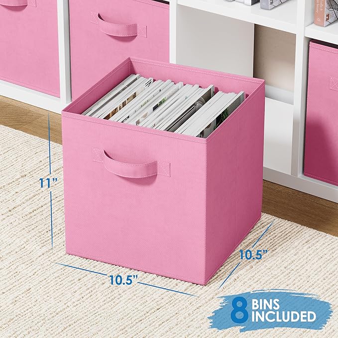 Storage Cubes - 11 Inch Cube Storage Bins (Set of 8). Fabric Cubby Organizer Baskets with Dual Handles | Foldable Closet Shelf Organization Boxes (Light Pink)