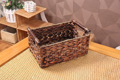 Storage Basket made by Water Hyacinth with Wood Handles, Arts and Crafts. (RectangleA-Medium)