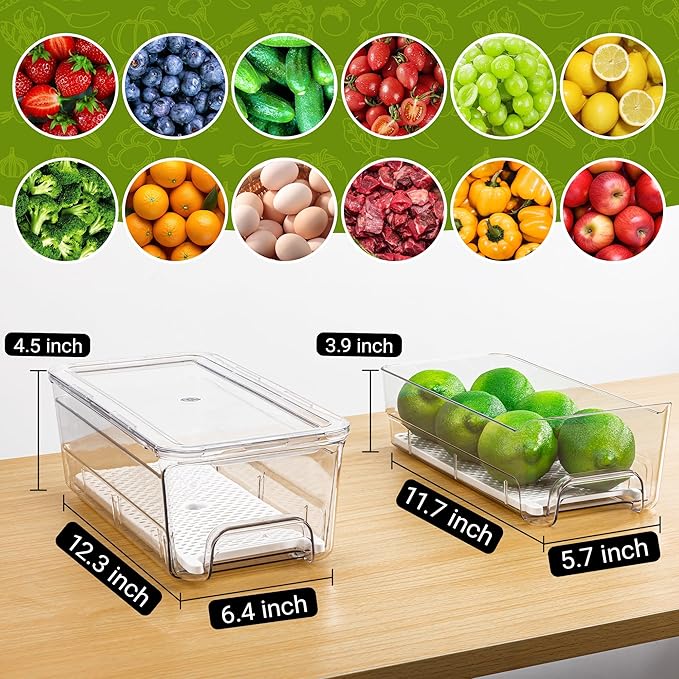Imncya 6 Pack Stackable Pull-Out Fridge Organizer Drawers, Clear Refrigerator Drawer with Lids, Fridge Stackable Storage Drawers for Veggies, Fruits, Food Storage and Organizer