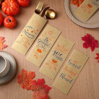 Sliner 200 Pcs Thanksgiving Cutlery Holders Fall Kraft Paper Silverware Bags Utensil Holders for Thanksgiving Party Decorations Autumn Farmhouse Harvest Party Favor Supply Table Decoration