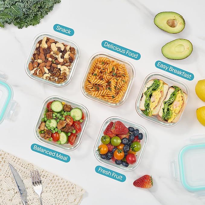 Vtopmart 5Pack 17.5oz Glass Storage Containers with Lids, Glass Meal Prep Food Container Sets with Snap Airtight Lids for Microwave, Oven, Freezer and Dishwasher, Green