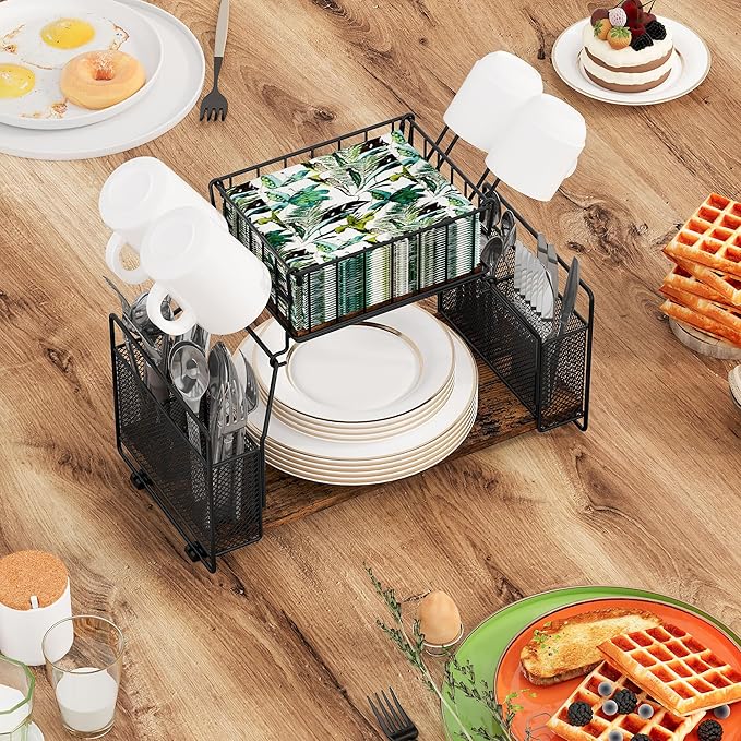 TQVAI Buffet Caddy, 2 Tier Countertop Paper Plate Organizer with Silverware Holder Mugs Hook Napkin Basket, Serving for Catering Supplies Buffet Display Hosting Thanksgiving Essentials, Black/Antique