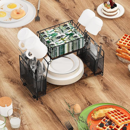 TQVAI Buffet Caddy, 2 Tier Countertop Paper Plate Organizer with Silverware Holder Mugs Hook Napkin Basket, Serving for Catering Supplies Buffet Display Hosting Thanksgiving Essentials, Black/Antique