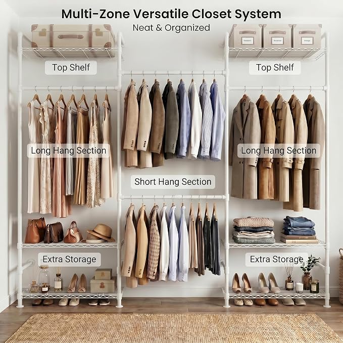 Wall Mounted Closet System – Adjustable Clothing Rack with 4 Expandable Rods & 6 Shelves, Heavy Duty Industrial Pipe Clothes Rack for Closet Organizer and Storage, White
