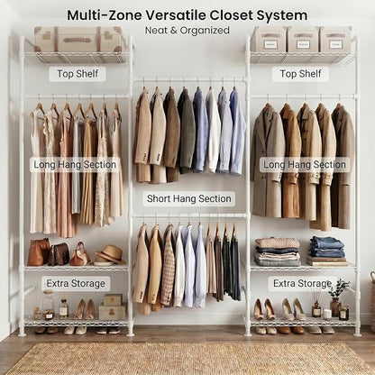 Wall Mounted Closet System – Adjustable Clothing Rack with 4 Expandable Rods & 6 Shelves, Heavy Duty Industrial Pipe Clothes Rack for Closet Organizer and Storage, White