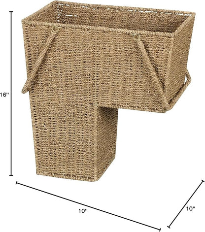 Household Essentials Wicker Stair Basket with Handles, Handwoven Seagrass, Natural