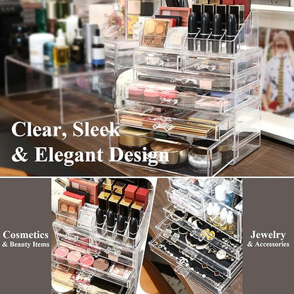 Sea Team 3-Layer Stackable Clear Makeup Organizer with Drawers, Acrylic Plastic Cosmetic Display Case, Jewelry Storage Box for Dresser, Bathroom, Vanity, Countertop (6 Drawers, 1 Lipstick Holder)