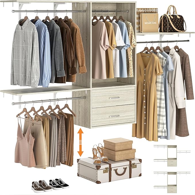 96 Hanging Closet System with 2 Wooden Drawers, 75"–87" Height Adjustable Closet Organizer System with Tower, 4-8FT Custom Closet Shelving System, Wall-Mounted Walk-In Closets Wardrobe, White Oak