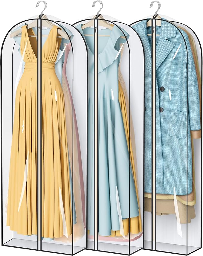 MISSLO 65" Clear Garment Bags for Hanging Clothes 4" Gusseted Dress Bags for Gowns Long Dress Cover for Closet Storage Dress Protector Bag, 3 Packs