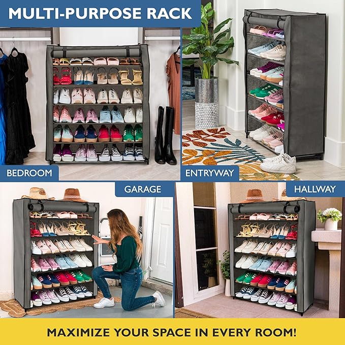 Sundaze Shoe Rack with Cover - 6 Tier Shoe Rack for Front Door Entrance, Sturdy Tall Shoe Organizer for Bedroom, Closet, Garage, Non Woven Fabric Shelf, Grey, Holds Up to 30 Pairs
