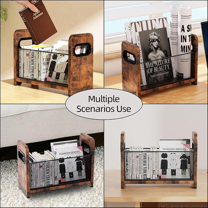 Wood Magazine Holder & Rack - Retro Brown Mesh Storage Basket for Books, Newspapers, Files - Desk/Floor Organizer