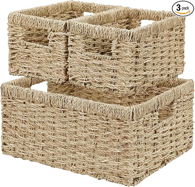 Vagusicc Wicker Basket, Set of 3 Hand-woven Storage Baskets for Organizing, Seagrass Wicker Storage Basket Bins with Handles, Small Toilet Paper Storage Baskets for Shelves Pantry Baskets (Seagrass)