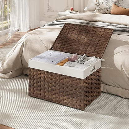 HOOBRO Storage Basket with Lid, 17.2 Gallon (65L) Wicker Basket, Handwoven Blanket Storage Basket with Handles, Metal Frame and Soft Lining, Foldable for Bedroom, Laundry Room, Brown BR265CW01