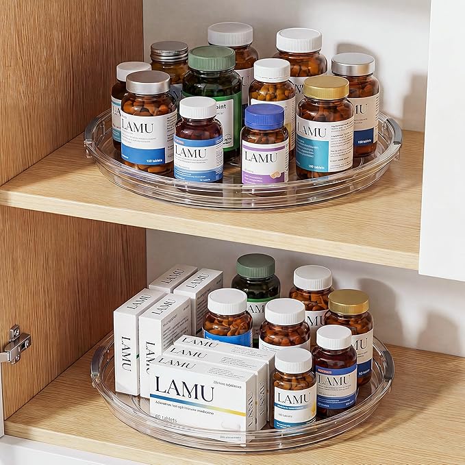 LAMU 12 Inch Lazy Susan Turntable, 360° Rotating Organizer Storage for Cabinet & Table Top, Pantry, Fridge, Bathroom, 2 Pack Clear Spice Rack, Kitchen Storage Tray for Medicine & Countertop
