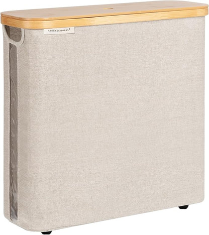 StorageWorks Large Toilet Paper Storage with Bamboo Lid, Toilet Paper Holder Basket for Up to 12 Mega or 16 Regular Size Rolls, Paper Storage Baskets for Bathroom, Light Khaki, 1 Pack