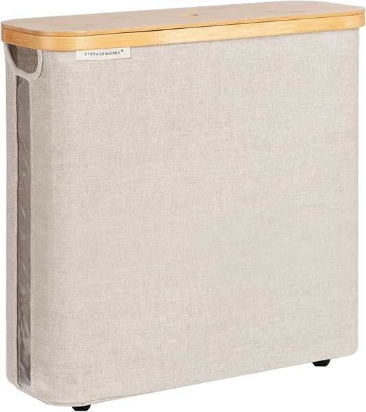 StorageWorks Large Toilet Paper Storage with Bamboo Lid, Toilet Paper Holder Basket for Up to 12 Mega or 16 Regular Size Rolls, Paper Storage Baskets for Bathroom, Light Khaki, 1 Pack