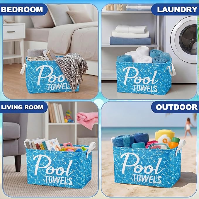 Yungyan Pool Towel Storage Basket Bin and Organizer Large Pool Towel Storage Basket Waterproof Canvas Cube with Handle Beach Gift for Outdoor Summer Seaside Home Clothes Books Toys Organization, Blue
