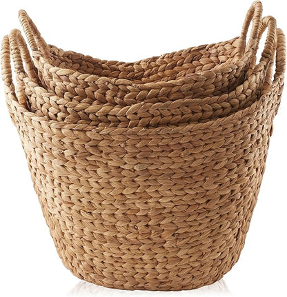 Casafield Set of 3 Multipurpose Boat Baskets with Handles - Cinnamon, Woven Water Hyacinth Storage Organizers for Throw Blankets, Bedroom, Laundry