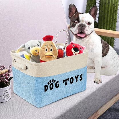 PET ARTIST Dog Toy Basket, Collapsible Dog Toy Bin Box with Comfortable Handles, Large Pet Toy Storage Basket Organizer for Accessories, Toys,Coat & Clothing,Blanket Leash (Blue, M:15"x11"x9")