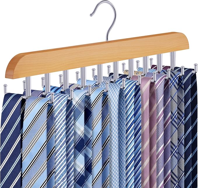 Tie Rack Hanger for Closet 20 Foldable Hooks, 1 Pack Wooden Non Slip Large Capacity Space Saving Tie and Belt Organizer with 360° Rotating Hooks for Tank Tops Bras Scarves Hat