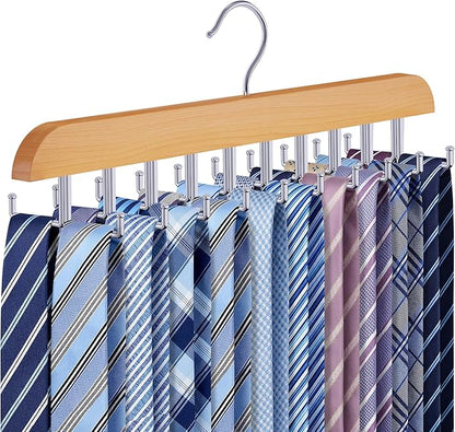 Tie Rack Hanger for Closet 20 Foldable Hooks, 1 Pack Wooden Non Slip Large Capacity Space Saving Tie and Belt Organizer with 360° Rotating Hooks for Tank Tops Bras Scarves Hat