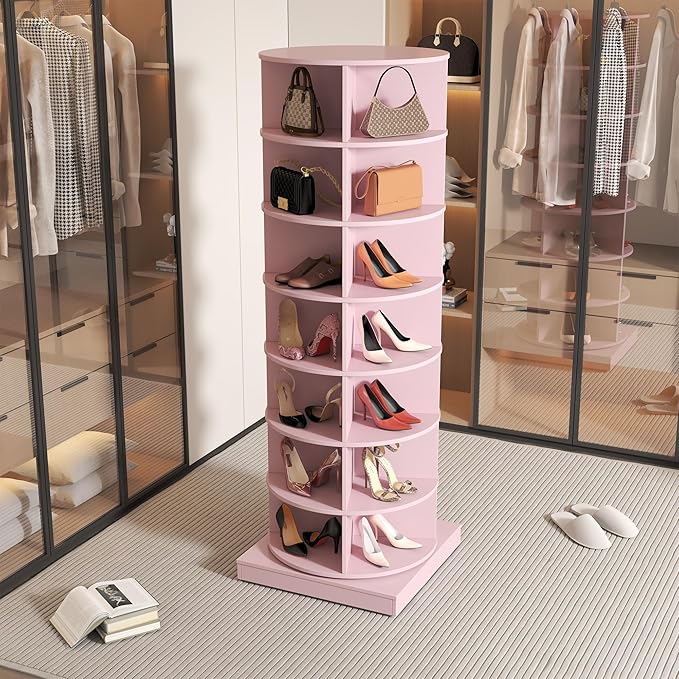 7-Tier Rotating Shoe Rack Tower, 360 Spinning Shoe Rack, Modern Free Standing Spinning Shoe Organizer, Rotating Lazy Susan Shoe Racks for Entryway Doorway, Holds Up to 28 Pairs of Shoes(Pink)