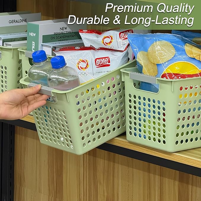 Soddeph Slim Plastic Storage Basket with Handles, Narrow Organizer box for Shelves, Organizer box for Organizing, Kitchen,Home,Office (Green, Medium)
