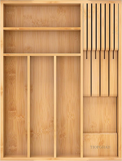 TIOPGHAD Small-Bamboo-Silverware-Drawer-Organizer, Expandable Utensil Kitchen Cutlery Tray Flatware Organization Adjustable Wood Tableware Dividers Storage (with Removable Knife Block)(Natural)