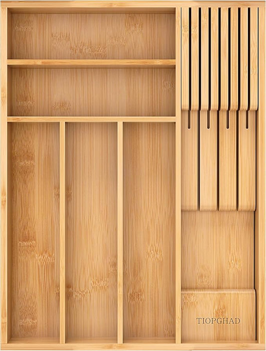TIOPGHAD Small-Bamboo-Silverware-Drawer-Organizer, Expandable Utensil Kitchen Cutlery Tray Flatware Organization Adjustable Wood Tableware Dividers Storage (with Removable Knife Block)(Natural)