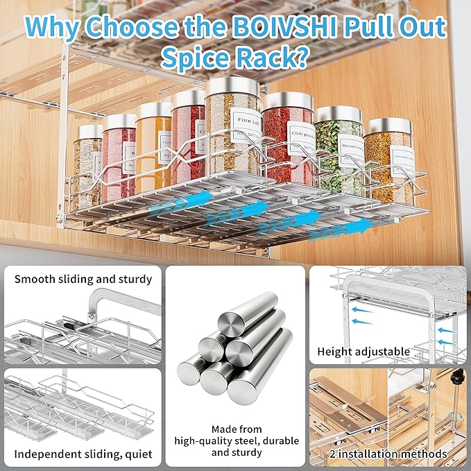 BOIVSHI Spice Rack Organizer, Heavy Duty Vertical Spice Rack Pull Out for Cabinet, 2 Tier Metal Spice Rack for Kitchen, Pantry, Easy to Install & Smooth Sliding, Chrome, 11”W x 10.5”D x 9.5”H