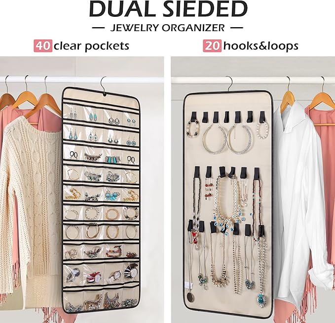 MISSLO Dual-sided Hanging Jewelry Organizer with 40 Pockets and 20 Hook & Loops Closet Necklace Holder for Earring Bracelet Ring Chain with Rotating Hanger, Beige