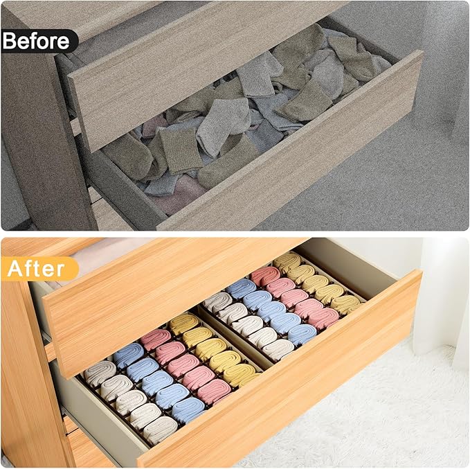 Sock and Underwear Organizer 2 Pack, 24 Cell Foldable Drawer Storage for Socks, Ties, Belts (Beige)