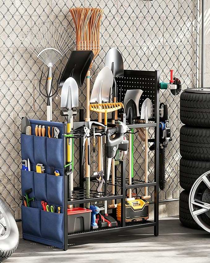 Garden Tool Organizer with Pegboard, Yard Tool Holder Standing for Garage Organization, Up to 30 Long-Handled/10 D-Handled Tools/Rake/Broom/Shovel/, with Side Storage Pocket
