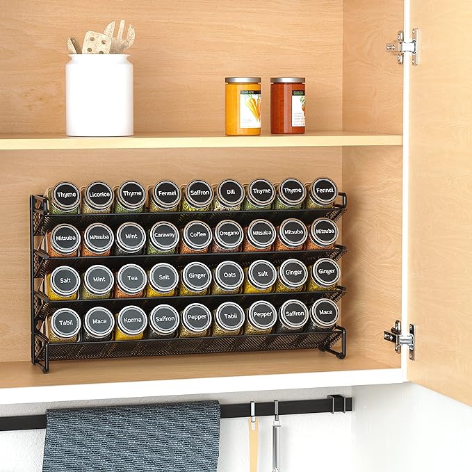 SpaceAid Spice Rack Organizer with 36 Spice Jars, 386 Spice Labels, Chalk Marker and Funnel Set for Cabinet, Countertop, Pantry, Cupboard or Door & Wall Mount - 36 Jars, 17.2" W × 10.8" H, Black