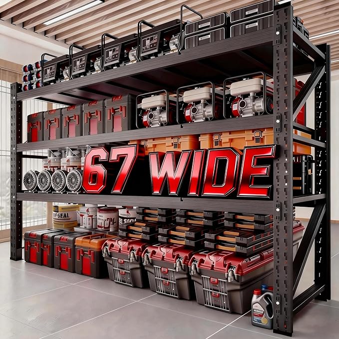 67"W Heavy Duty Garage Shelving Unit,5000LBS Adjustable Metal Storage Shelves,3 Tier Shelves with Double-Layer Posts,63"H Industrial Shelf Suitable for Garage,Basement,Warehouse,Storage Room,Black