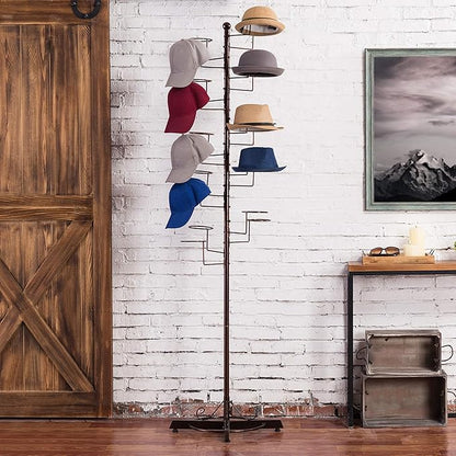 MyGift Hat Rack Tree, Cowboy Hat Display Stand, Baseball Cap Organizer Storage, Freestanding Retail Wig Holder with 20 Customizable Circular Hooks, for Multiple Hats, Dark Brown Metal