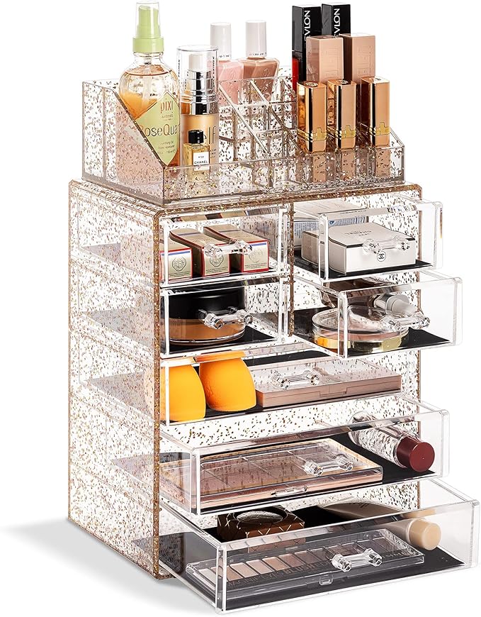 Sorbus Acrylic Makeup Organizer Set, 7-Drawer Vanity & Countertop Cosmetic Storage with Small & Wide Compartments, Glitter Makeup Storage for Brushes, Jewelry – Holiday Gift for Women & Teens